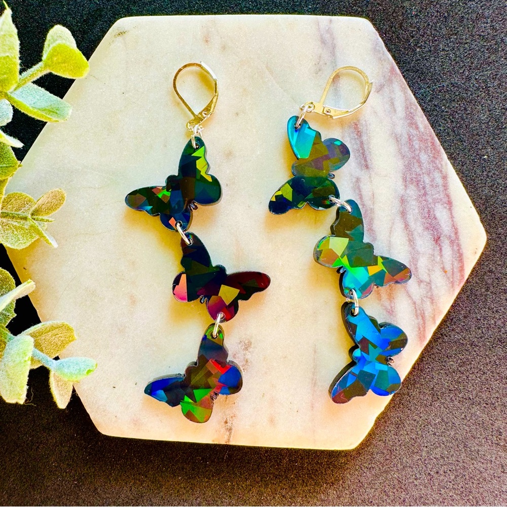 Butterfly earrings Black Holographic Acrylic earrings lightweight lever back